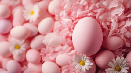 A serene arrangement of pink eggs nestled among soft petals and daisies, evoking feelings of spring and celebration in a beautifully composed scene.