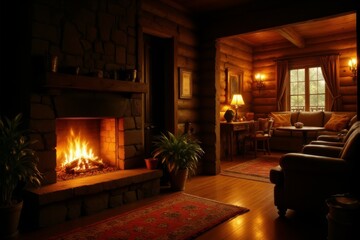 Warm glow of a fireplace casting dynamic shadows on a cozy log cabin interior intimate and rustic ambiance