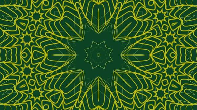 Hypnotic kaleidoscope animation with yellow geometric patterns on a dark green background very suitable for Islamic  themed content