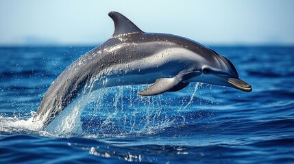 Fototapeta premium Dolphin leaping in azure ocean, calm background. Possible use Nature, wildlife