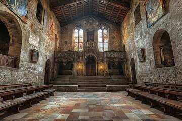 Obraz premium Intricate medieval hall featuring stone walls stained glass and wooden benches