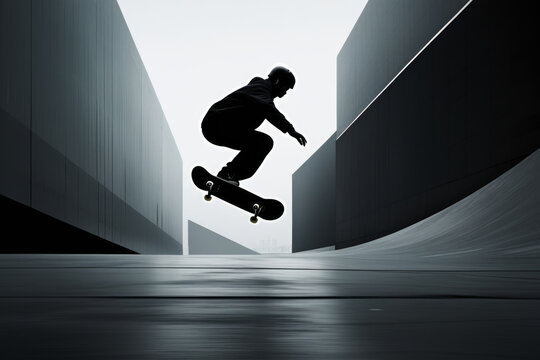 Silhouette of Skateboarder jumping in city on background of buildings. Black and white AI generated photo.
