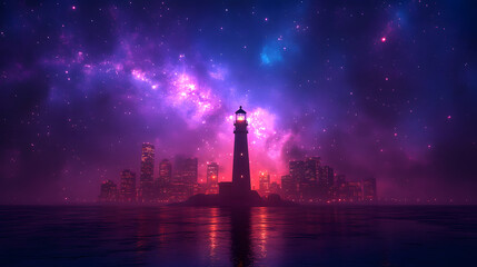 Lighthouse and City Under the Stars: A luminous lighthouse stands tall before a sprawling cityscape, its beam cutting through the night sky filled with a vibrant galaxy and twinkling stars.