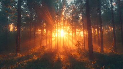 Fototapeta premium Golden Hour in the Enchanted Forest: Sunlight streams through a mystical forest, creating a scene of breathtaking beauty and serenity. The sun's rays pierce the dense canopy.