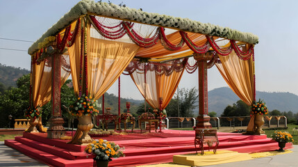 Ornately decorated wedding stage with floral arrangements and vibrant drapes in scenic outdoor setting