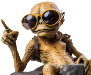 Funny Realistic Alien with Sunglasses Showing Finger up Gesture on Transparent Background