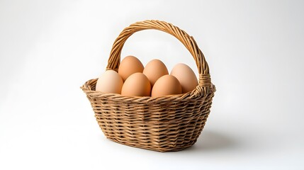 A wicker basket with eggs, isolated on a white surface