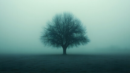 Solitary Tree in Misty Landscape: A lone tree stands stark against a misty backdrop, its branches reaching out in a silent embrace of the ethereal atmosphere, evoking a sense of mystery and solitude.