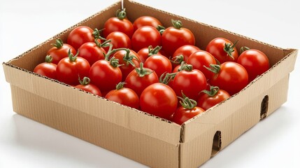 Cardboard Box of Cherry Tomatoes High Angle Composition, Red Produce, Fresh Food Concept, tomatoes, packaging tomatoes, packaging