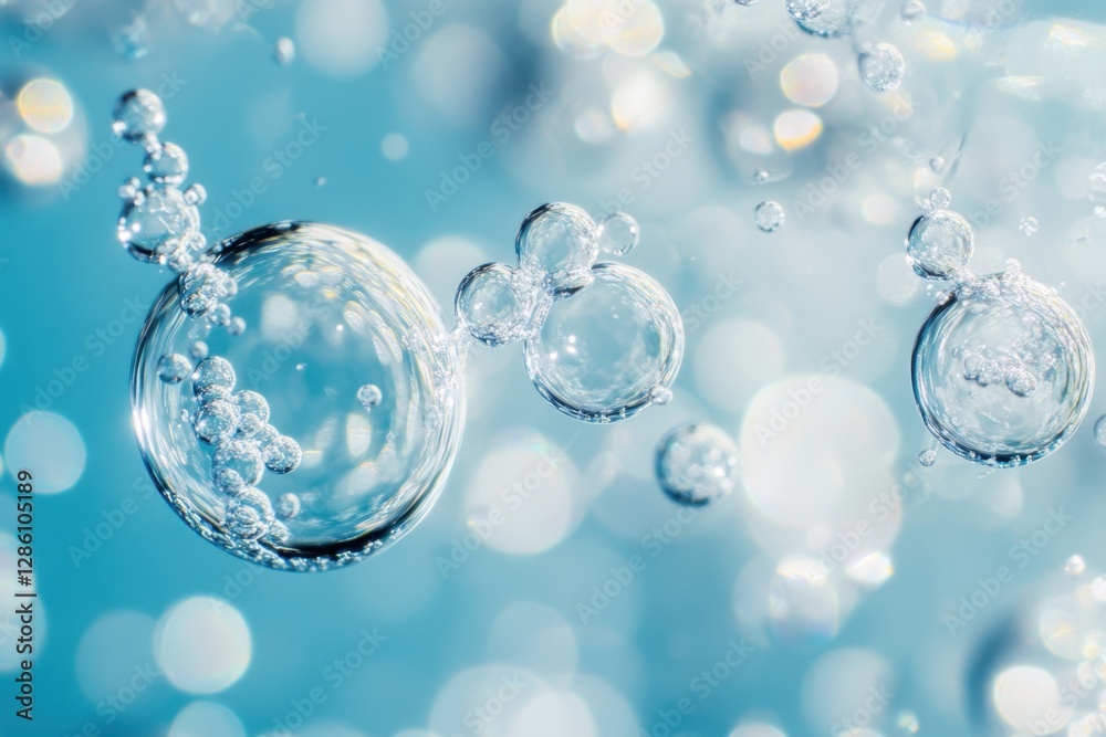 Poster bubbles float gracefully in a serene blue backdrop creating a mesmerizing visual symphony of light a