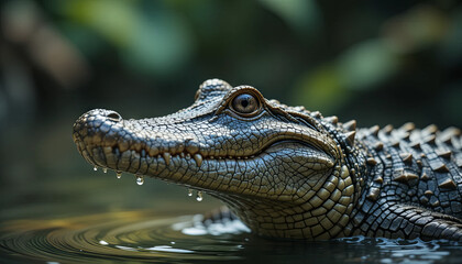 Obraz premium A crocodile with distinct textured scales and water droplets clinging to its snout is resting partially submerged, hinting at a serene atmosphere amid tropical foliage