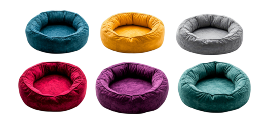 Colorful round pet beds in various shades on transparent background