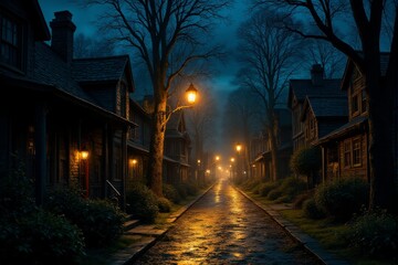 Warm glow from an old fashioned streetlamp casting gentle illumination on a quiet village path charming and peaceful scene