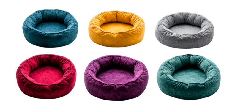 Colorful round pet beds in various shades on transparent background