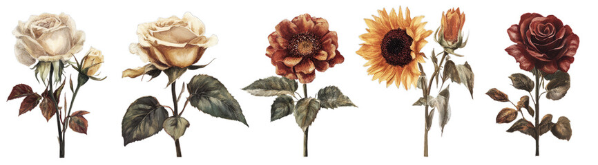 Fototapeta premium Variety of beautiful roses and sunflower with detailed petals and leaves