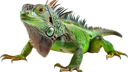 Obraz premium Green iguana poses on a white background showcasing vibrant scales and unique features in natural light