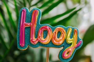 Colorful Cookie Decoration with the Word "Hooy" Against Greenery