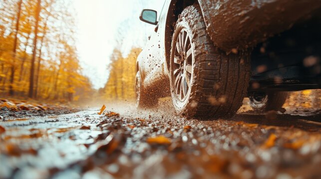 A dynamic shot captures a car's wheel splashing mud on an autumn road lined with vibrant yellow and orange leaves, showcasing the beauty of outdoor adventures.