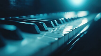 This artistic image captures the intricate details of a piano keyboard, highlighting the glossy keys and the interplay of light reflecting off them in a stunning composition.