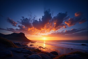 Sharp contrast of golden light against deep blue twilight sky creating a visually striking landscape natural beauty and serenity