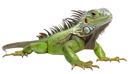 Obraz premium Iguana showcasing vibrant green scales and distinctive features in a natural pose under bright lighting