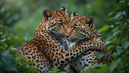 Obraz premium Two leopards are nestled together in dense greenery, showcasing their stunning spotted coats. Their calm demeanor exudes tenderness and peace in the wilderness