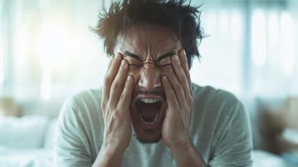A man expresses deep frustration by burying his face in his hands, highlighting human emotion and vulnerability in a moment of distress and overwhelming thoughts.