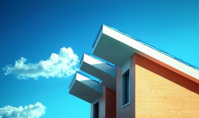 An American single-family home in a neighborhood features a double gable roof with beige horizontal vinyl lap siding and red brick facade, adorned with a white triangular attic vent atop a pitched