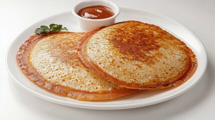 Golden Brown Pancakes with Sauce Close-up Food Photography, Flatlay Composition, Delicious Breakfast Concept Pancake Recipe, Food Styling