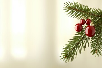 Festive Christmas Tree Branch with Red Ornaments and Soft Background