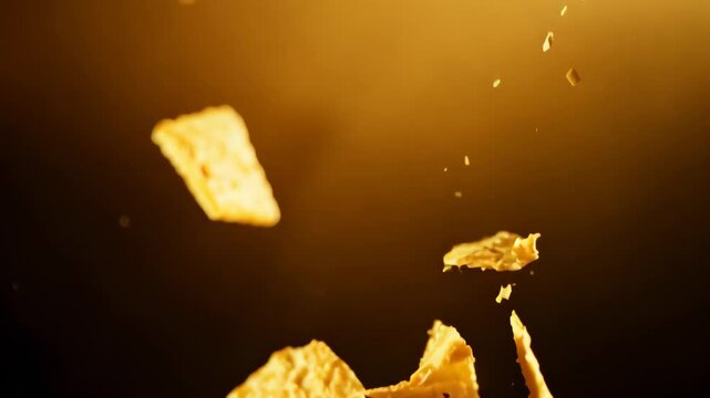 Crispy breadcrumbs falling gracefully in a warm, golden ambiance.