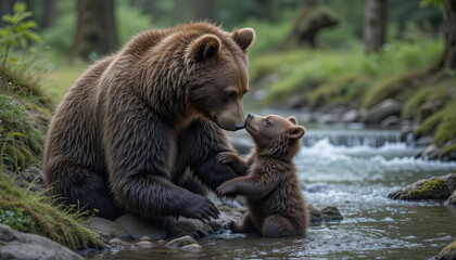 A mother bear gently touches noses with her curious cub near a flowing river. The lush forest setting, illuminated by soft morning light, creates a peaceful atmosphere
