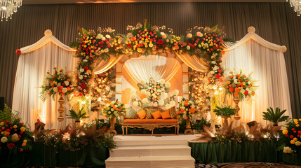 Fototapeta premium Elegant floral wedding backdrop with vibrant decorations and soft lighting in a banquet hall
