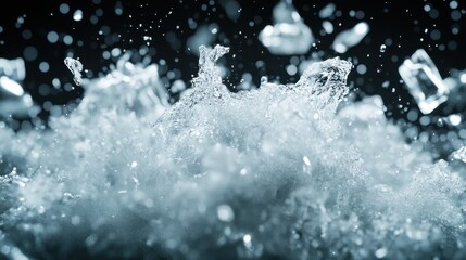 An explosive representation of splashing foam and ice shards creating a sense of chaos and energy, highlighted with shimmering textures and a dramatic contrast in lighting.