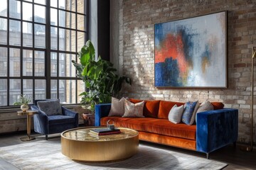 Modern loft living room with industrial furniture and a large painting
