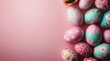 Obraz premium A delightful display of beautifully decorated Easter eggs showcases various floral and polka dots designs against a soft pink backdrop, embodying springtime charm.