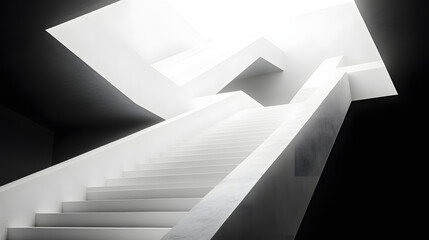 Fototapeta premium Ascending to the Light: A stark, minimalist architectural photograph of a grand staircase leading upwards, bathed in ethereal light, evoking a sense of aspiration and journey.