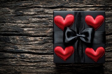 Fototapeta premium Elegant Black Gift Box with Red Heart Design on Rustic Wooden Surface