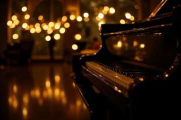 Delicate fairy lights reflecting off a glossy grand piano romantic and elegant musical setting