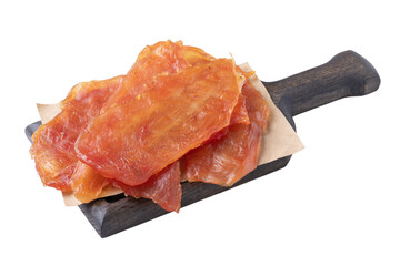 Several pieces of smoked chicken meat on wooden tray isolated on white background