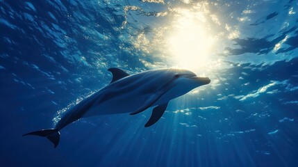 Fototapeta premium Dolphin swimming underwater, sunlight beams through water, clouds