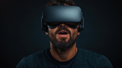 Fototapeta premium This image captures a man with a focused expression while wearing a VR headset, symbolizing the thrilling and engaging nature of virtual reality technology.