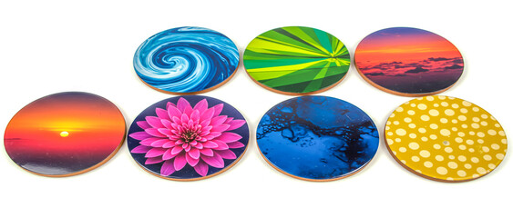 Six Round Coasters in a Row on White Background Art