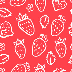 Hand drawn strawberries seamless pattern. Berries on red background. Naive art style backdrop. Fruit pattern design for textile, wallpaper, and print.