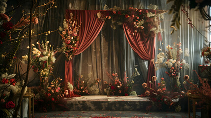 Fototapeta premium Elegant floral backdrop with draped curtains and scattered petals for a romantic event setting