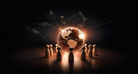 Illuminated globe with network connections, encircled by wooden figures in a dark space. Symbolizing a connected global community.