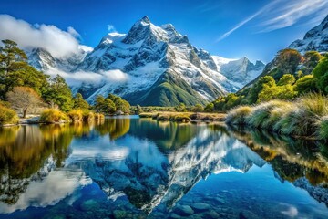 Obraz premium Mirror Lake New Zealand: Close-Up Snow on Mountain Peak - Stunning Winter Landscape Photography