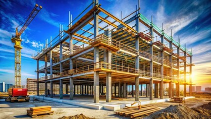 Modern Building Construction Site: Unfinished Steel Frame and Concrete Structure