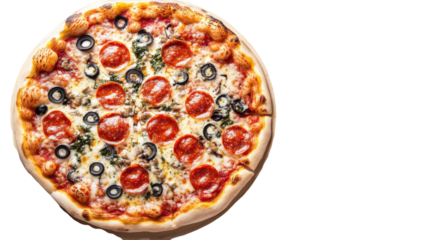 Delicious round pizza topped with pepperoni, olives, and fresh herbs served on a wooden table