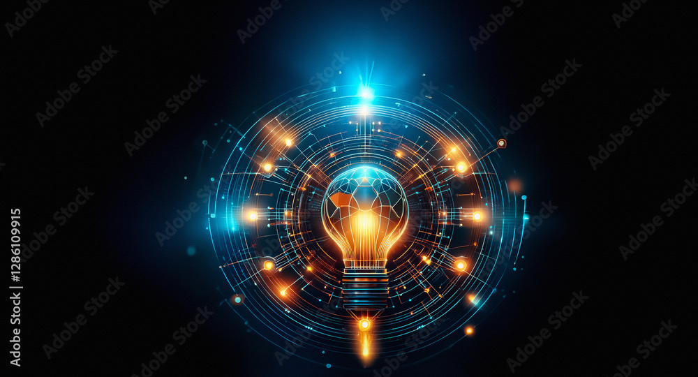 Fototapete glowing light bulb with world map inside, surrounded by digital circles and lines on a dark backdrop